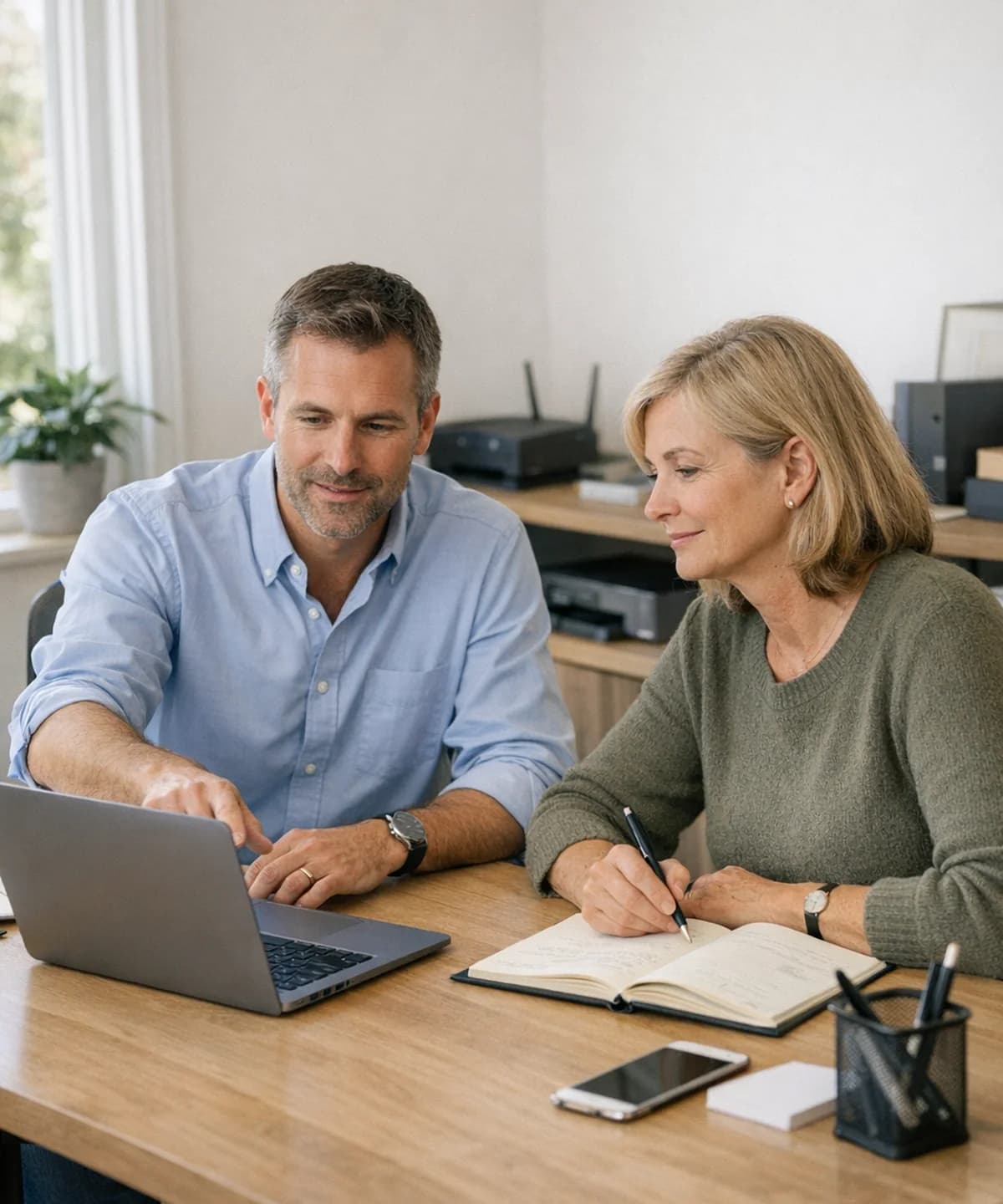 IT consultant reviewing a client workstation and network setup in a bright office.