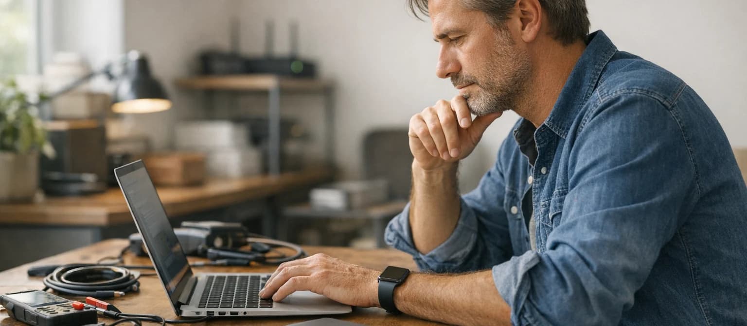 IT consultant reviewing technical work at a desk.