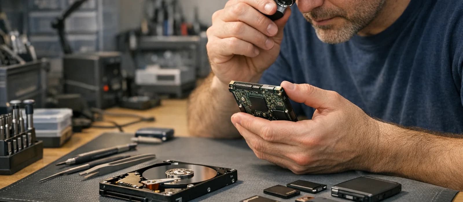 Technician evaluating a storage device at a tidy repair bench.
