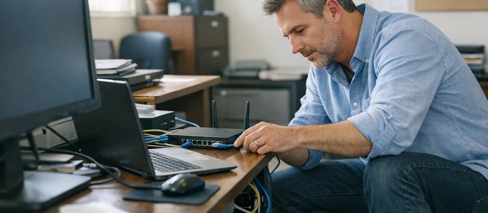 Consultant checking a small-business workstation and network setup.