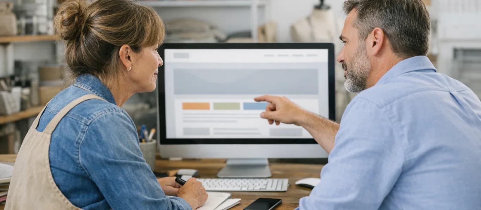 Business owner and consultant reviewing a website together.